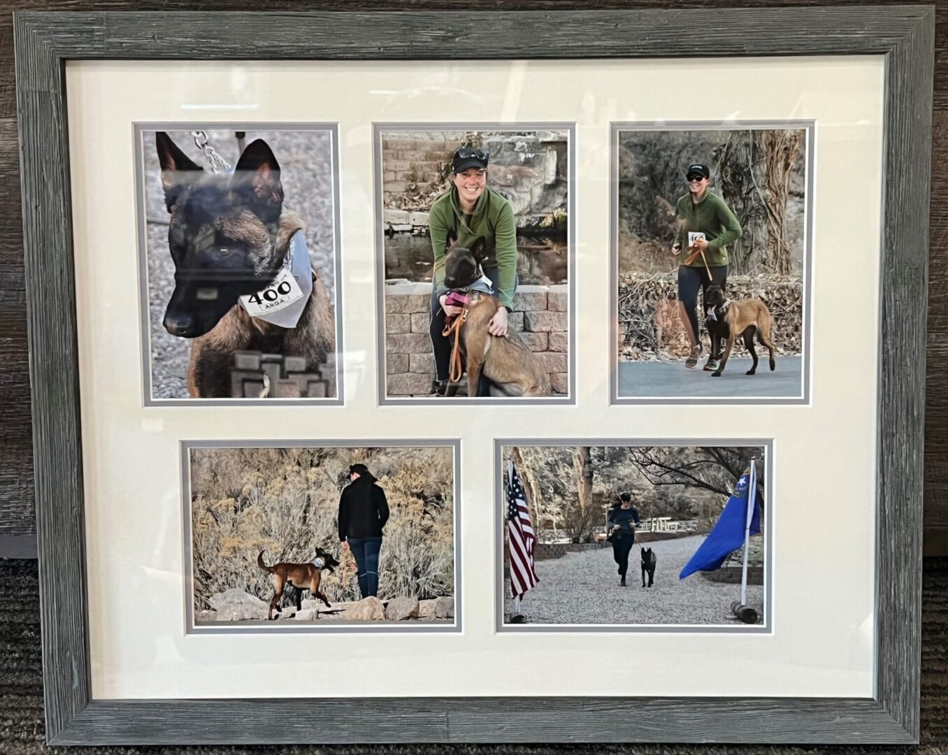 A picture of people and their dogs in a frame.