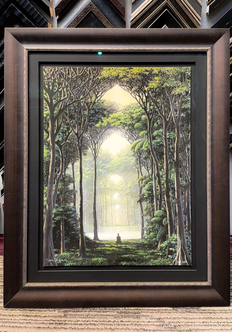 A painting of trees and a person in the distance.
