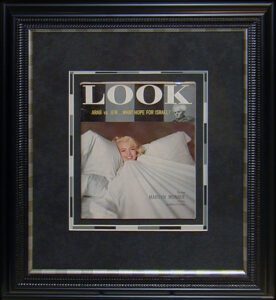 BEST MATTING:
Look magazine was published from 1946 to 1970; this issue featuring Marilyn Monroe is definitely a collector’s item worthy of framing. The Look logo has a black and gray background, so we used the same colors and pattern in the matting for a creative design.