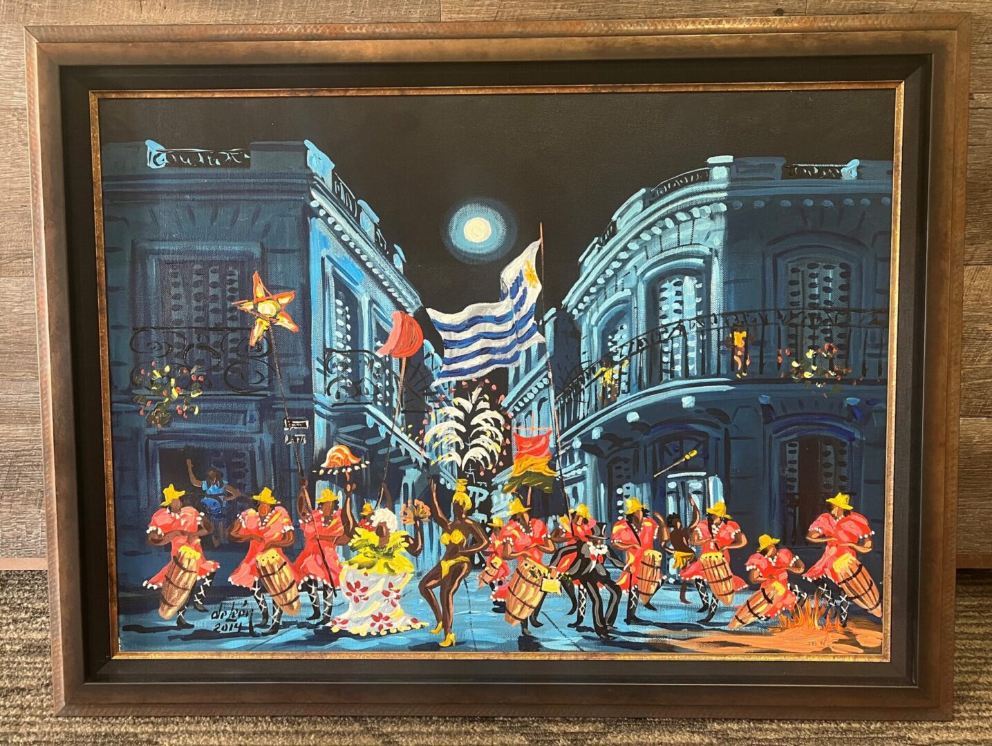 A painting of people in costumes on the street.