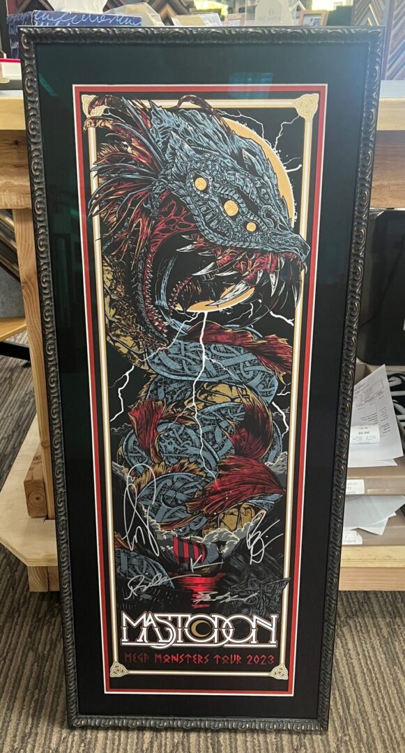 A painting of a dragon with red and blue colors.