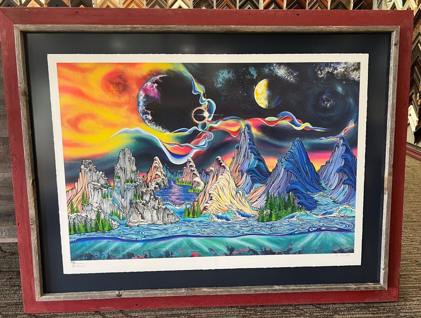 A painting of a mountain scene with a rainbow.
